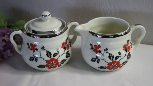 Vintage Hall's Red Poppies Creamer Sugar Set USA Farmhouse Country Kitchen Table