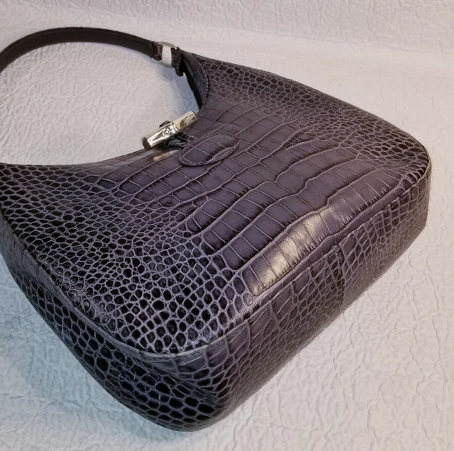 LONGCHAMP Gray Croc Embossed Leather Shoulder Bag Handbag Purse 7