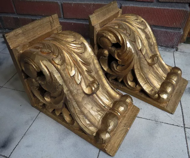 Old Pair wood hand carved corbel bracket Antique french architectural salvage