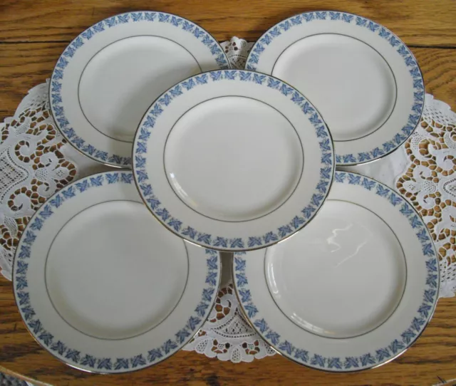 Vintage Syracuse China WYNDMOOR Blue Leaves 6 1/4" Plates ~ Set of 5 ~