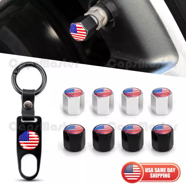 Universal Car Wheel Tire Valve Dust Stem Air Cap Keychain America USA Flag Logo
