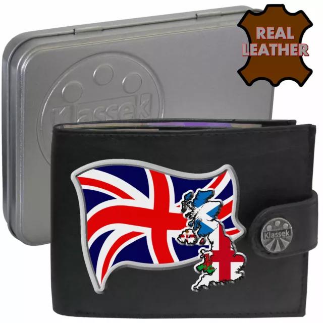 Great Britain British Flag Wallet Map Genuine Leather Men's Gift Tin RFID