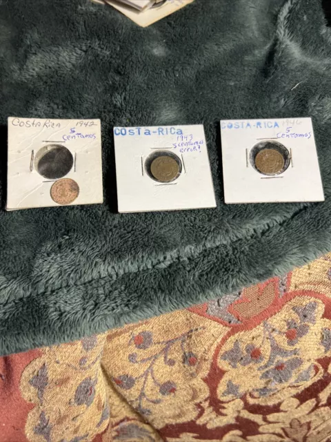 Costa Rica 5 Centimos 1942 +1943 + 1946 All Three Coin Shown Photos Are Accurate