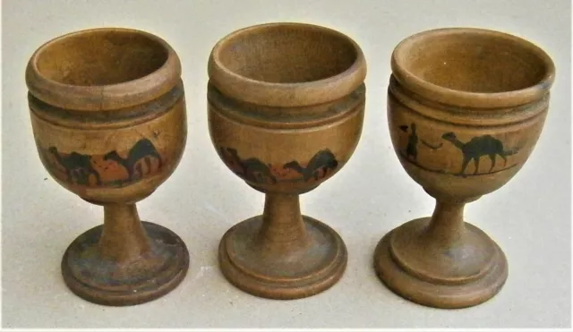 Q851) Vintage 3 Wooden Treen Handcrafted Jerusalem camel motif egg cups