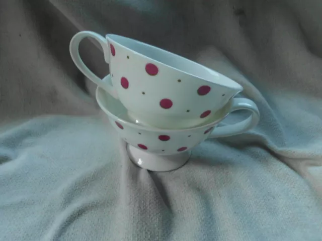 LAURA ASHLEY HOME ~ PAIR FOOTED TEACUPS in POLKA DOT SPOT PATTERN ~ WHITE & PINK