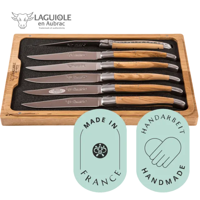 Laguiole en Aubrac 6er Set Steakmesser Olivenholz Original Zertifikat Steak Mess