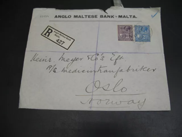 Malta 1932 registered cover to Norway opening faults *10134