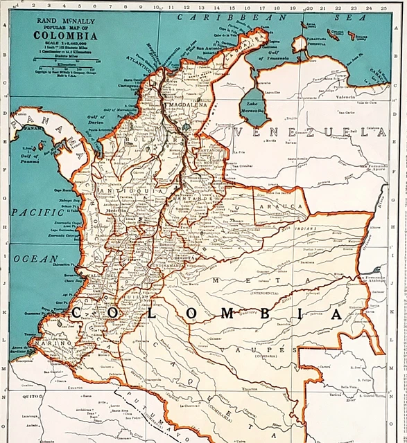 1939 Colombia Map Bogota Medellin Cali Popayan Cartagena Magdalena Narino