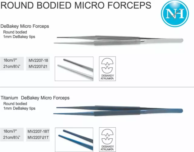 DeBakey Micro Forceps Rounded Bodied 1mm Tips Titanium & Stainless Steel