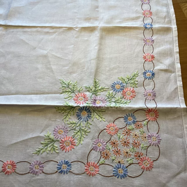Vintage white hand embroidered table cloth, linen mix, bright flowers 41x42 inch