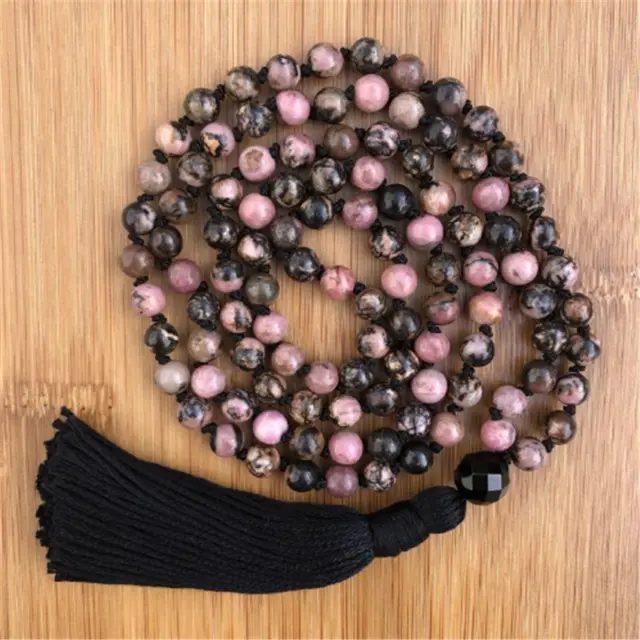 8mm Rhodochrosite 108 Beads Gemstone Tassels Mala Necklace pray cuff