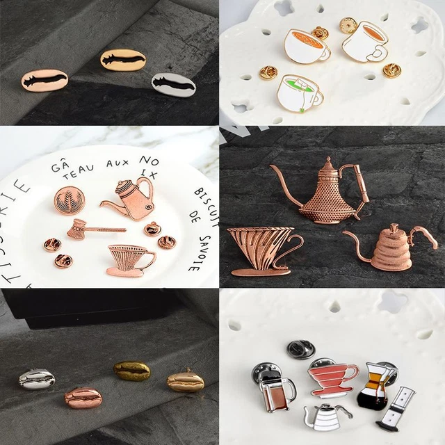 Coffee Set Enamel Brooch - Copper Teapot Lapel Badge Shirt Bag Fashion Jewelry