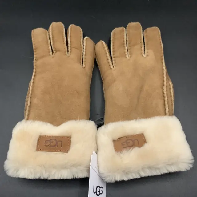 Ugg Gloves Sheepskin Turn Cuff Women Size M Chestnut Leather Shearling Hand Sewn