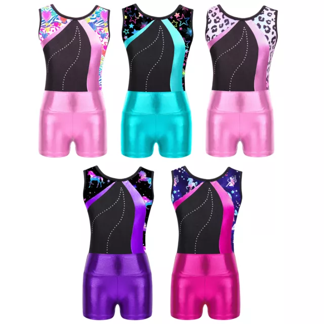 Kids Girls Sparkly Gymnastics Leotard with Shorts Outfits Ballet Dance Biketard