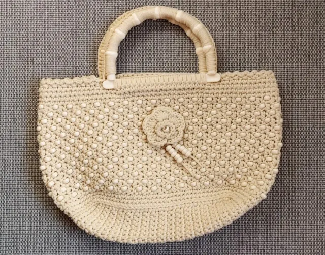 Damen Handtasche NEU Reissverschluss gehäkelt mit Perlen geflochten Creme farben