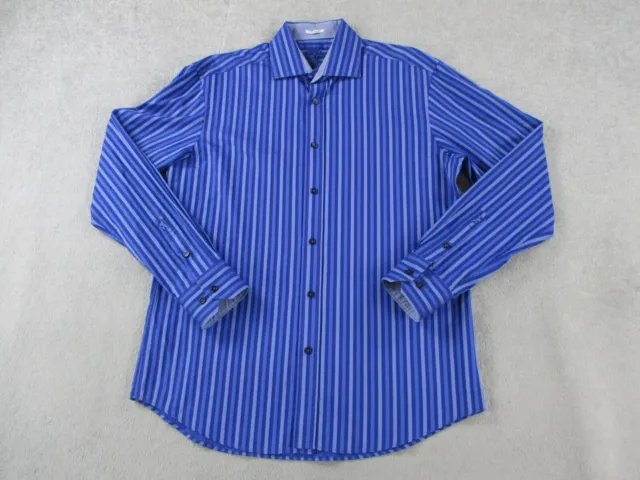 Bugatchi Shirt Mens Large Blue Striped Long Sleeve Button Up Shaped Fit Cotton
