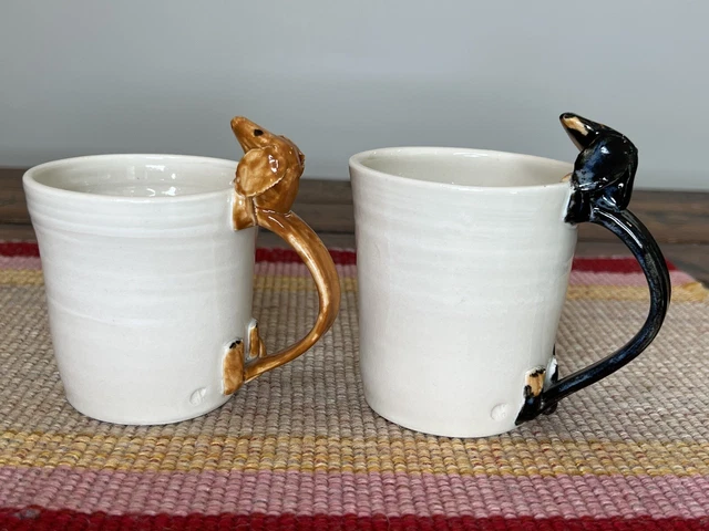 2 Artist Signed Studio Pottery Figural Dachshund Doxie Dog Coffee Mugs