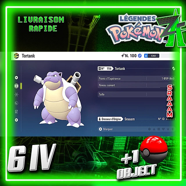 Pokémon Z-A Tortank 6IV Shiny - Stratégie Baron, 31 Stats - Jeu Nintendo Switch
