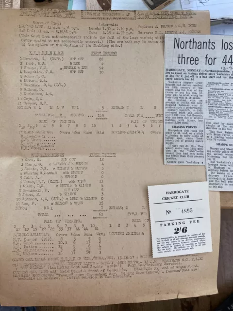 Cricket scorecard Yorkshire v Northamptonshire 1971 + ticket and press cuttings