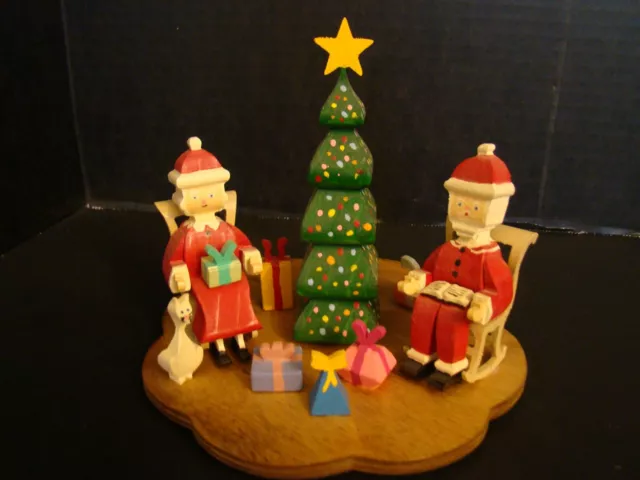 Hand Crafted Wood Christmas Diorama Santa & Mrs. Claus In Rocking Chairs Signed