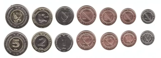 Bosnia Herzegovina 7 PCS Coin SET, UNC, 5 10 20 50 Feninga 1 2 5 Marka 2009 2021