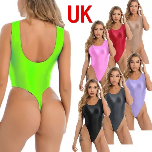 UK Freebily Sexy Womens Oil Glossy Bodysuit Sleeveless High Cut Thongs Swimsuit