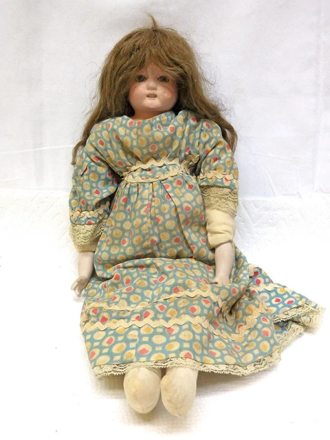 ESTATE - ANTIQUE 17" LENGTH 1870's PAPEIR MACHE HEAD & PORCELAIN ARMS DOLL