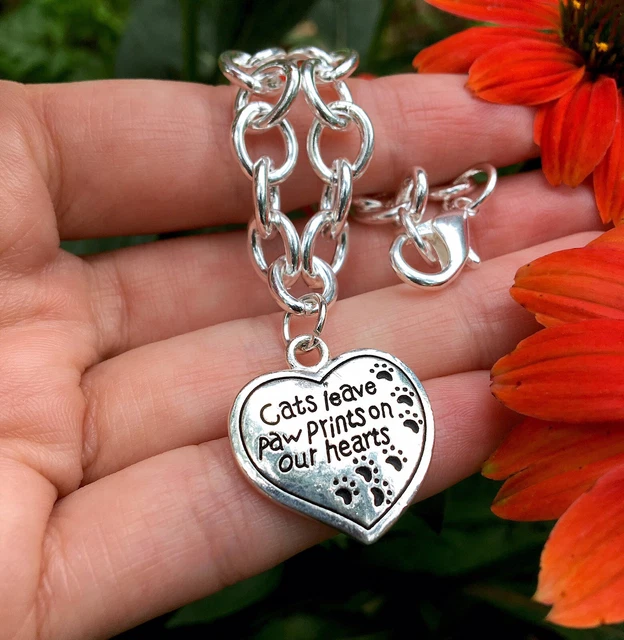 CATS LEAVE PAW Prints on our Hearts Charm Bracelet Silver Cat Loss