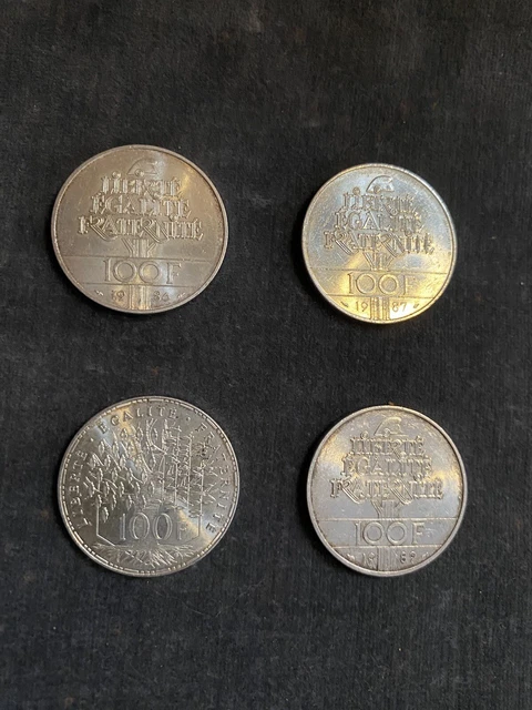 Lot de 4 pièces en argent de 100 Francs 1983 1986 1987 1989