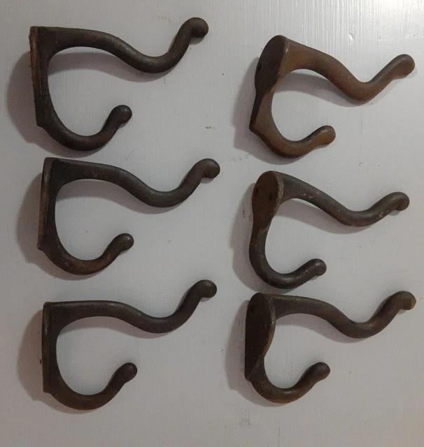 6 Vintage Cast Iron Wall Coat Hooks Hat or Hall Tree Cabinet Door 3" Black