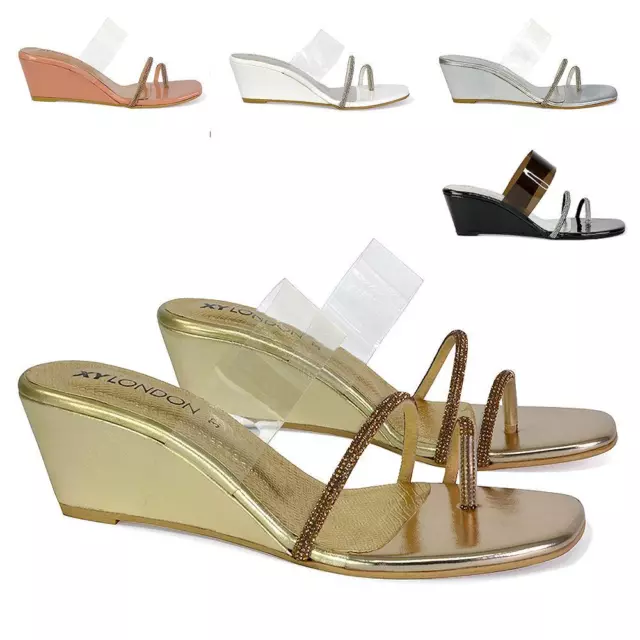 Womens Low Heel Wedge Sandals Ladies Slip On Transparent Diamante Strap Shoes