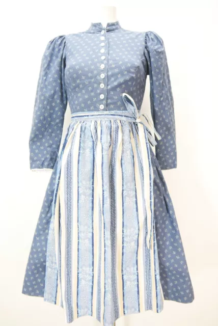 Dirndl morbido fatto a mano blu cotone manica lunga cucitura viennese con grembiule taglia 34