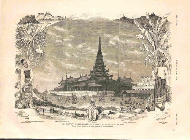 Conflit Angleterre-Birmanie Mandalay Palais du Roi Phibo Amarapoura GRAVURE 1885