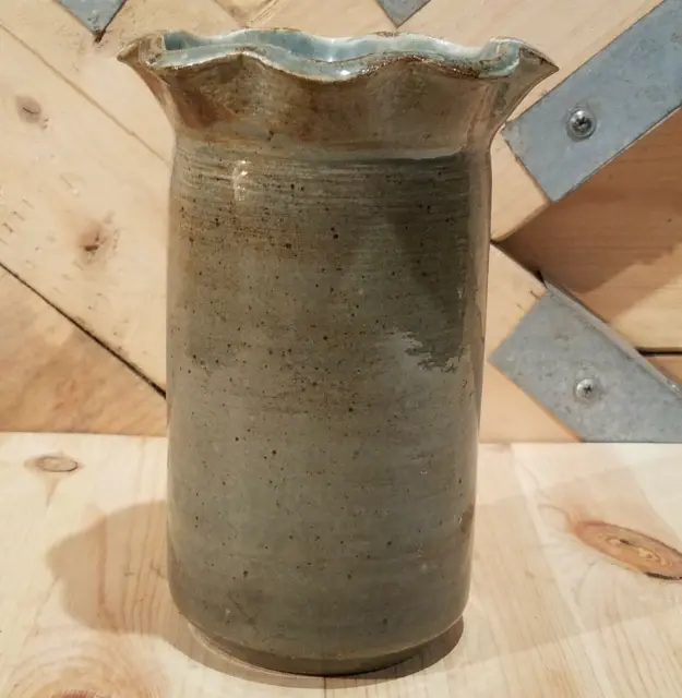 Studio Art Stoneware Vase Ruffled Rim Gray Blue Pottery Glazed 7"- Swanky Barn
