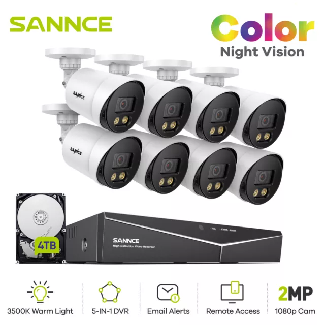 SANNCE 1080P Color Night Vision CCTV System 2MP Security Camera 8CH 5MP Lite DVR