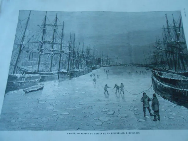Gravure 1880 - L'hiver aspect du bassin de la république à Honfleur