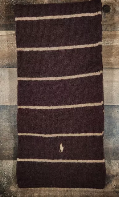 POLO Ralph Lauren Brown 100% Lambs Wool Scarf Vintage Striped Rugby 60"