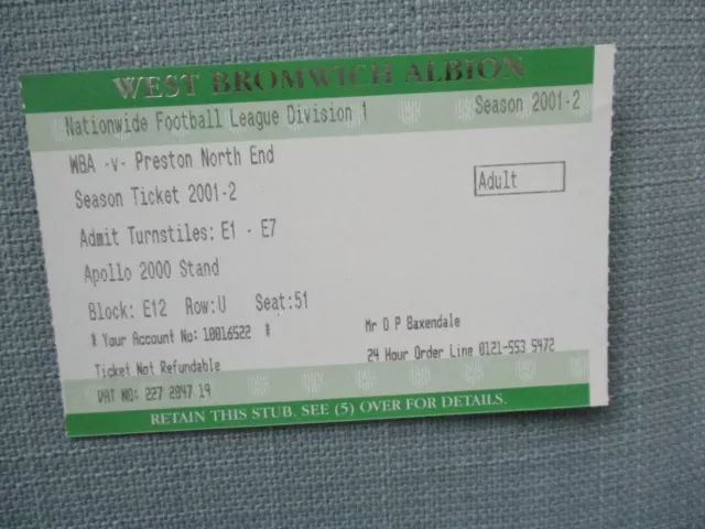 Used Ticket West Bromwich Albion v Preston North End 2001-2002 Division 1