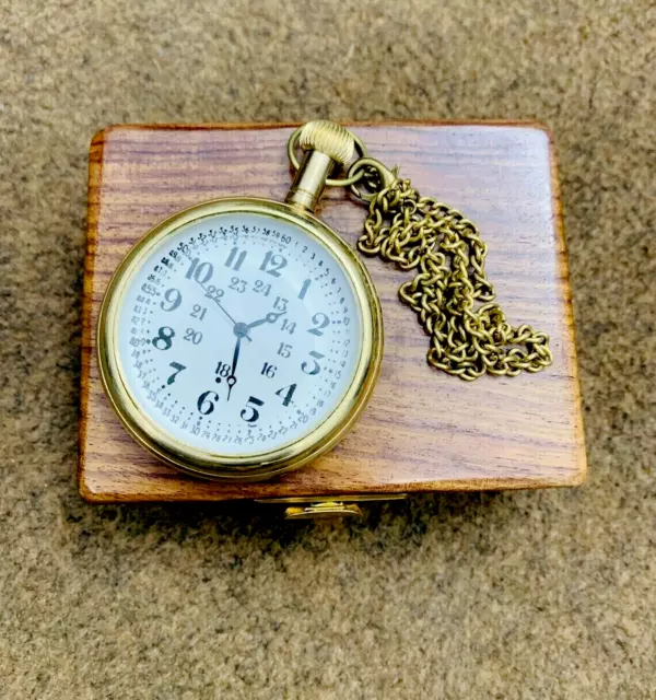 Reloj de bolsillo vintage de latón con caja de madera, reloj de bolsillo...
