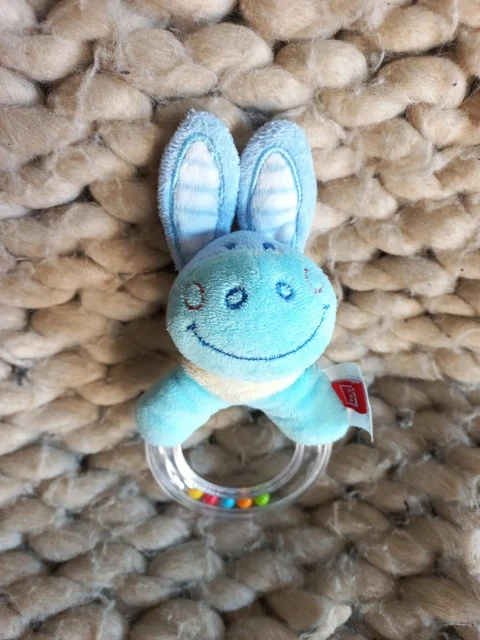 🐰Doudou Hochet Lapin Bleu TEX BABY anneau Billes