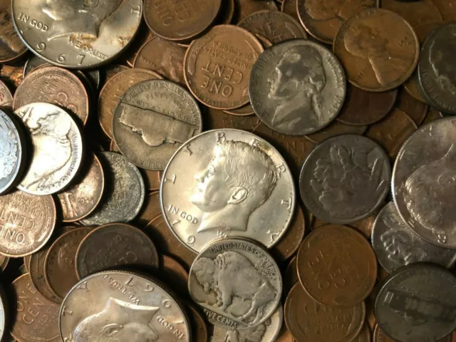 Coin Grab Bag Of Old Silver Half Dollars, Buffalo & War Nickels, Wheat Cents