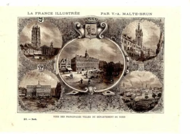 GRAVURE SUR BOIS PAR MALTE BRUN 19ème VUE DES PRINCIPÄLES VILLES DU NORD