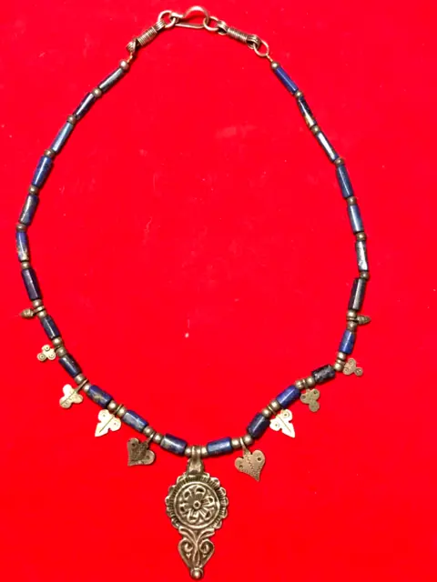 Lapis Lazuli Sterling Antiquated Necklace with Spike Hearts Tribal 16"