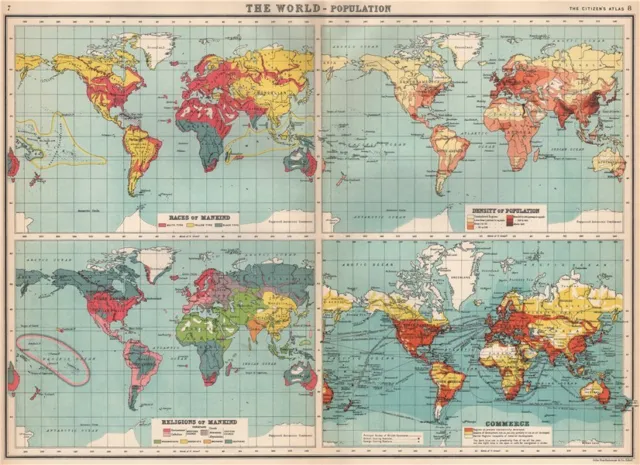 WORLD POPULATION. Races Density Religions Commerce coaling stations 1912 map