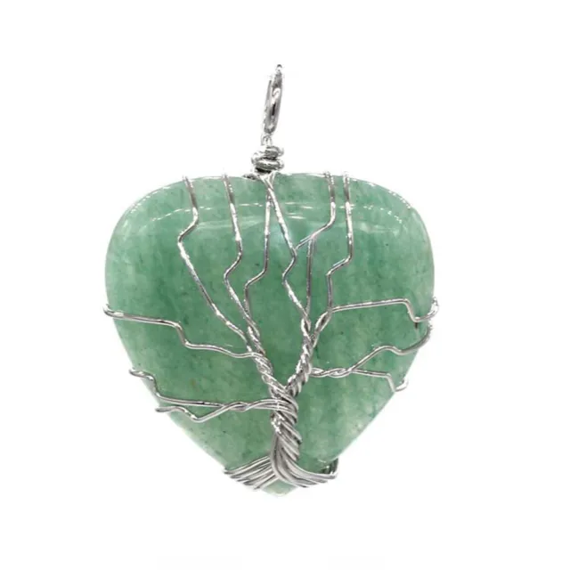 Natural Healing Crystal Quartz Wire Wrap Tree Of Life Heart Chakra Stone Pendant