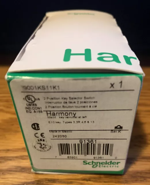 NEW Schneider Electric 9001KS11K1 Key Selector Switch, 30mm, E10 Keys