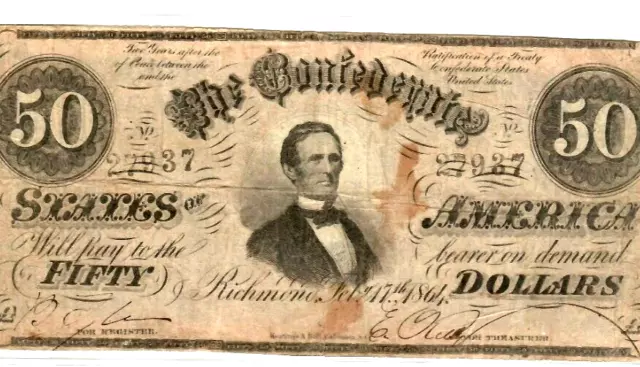 $50 "Confederate"  (Blueback) "1800'S" $50 "Blueback"Confederate" Nice!!