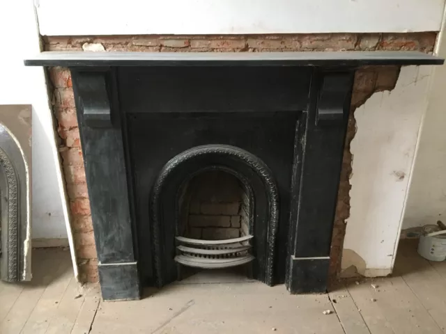 Reclaimed Victorian Black Slate Fire Surround and Cast Iron grate