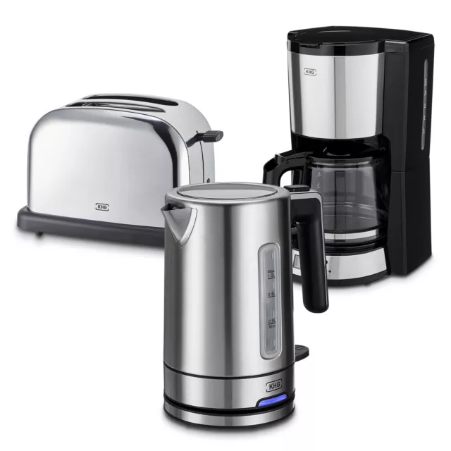 Frühstücksset aus Wasserkocher, Toaster & Kaffeemaschine in Silber Chrome Optik