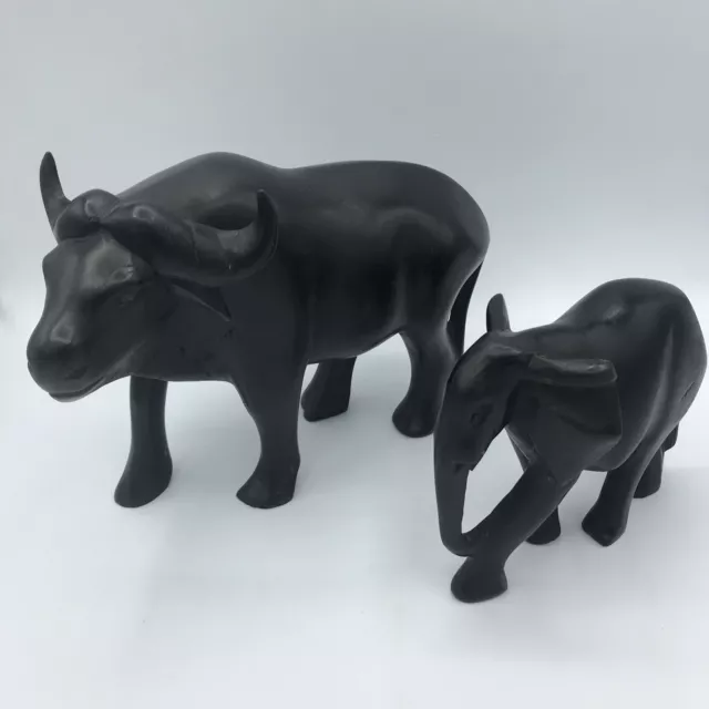 Vintage Hand Carved Wooden African Buffalo & Elephant Pair Solid Wood Piece